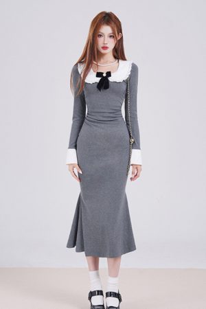 French-Style Long Sleeve Gray Doll Collar Bodycon Dress for Women - Slim Fit Elegant Design for Early Spring Fashion