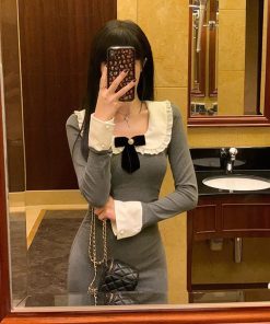 French-Style Long Sleeve Gray Doll Collar Bodycon Dress for Women - Slim Fit Elegant Design for Early Spring Fashion