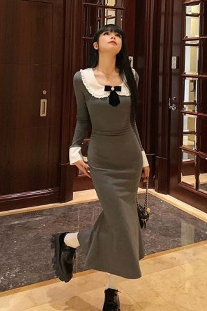 French-Style Long Sleeve Gray Doll Collar Bodycon Dress for Women - Slim Fit Elegant Design for Early Spring Fashion