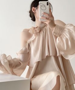 French-Style Long Sleeve Halter Ruffled Dress for Women, Off-Shoulder Bow Detail, Autumn Vacation Dress