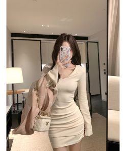 French-Style Long Sleeve Knitted Bodycon Dress for Women - Slim Fit Sexy Mini Skirt for Early Spring Fashion