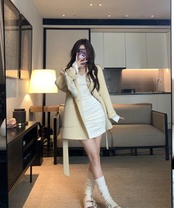 French-Style Long Sleeve Knitted Bodycon Dress for Women - Slim Fit Sexy Mini Skirt for Early Spring Fashion