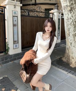 French-Style Long Sleeve Knitted Bodycon Dress for Women - Slim Fit Sexy Mini Skirt for Early Spring Fashion