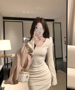 French-Style Long Sleeve Knitted Bodycon Dress for Women - Slim Fit Sexy Mini Skirt for Early Spring Fashion