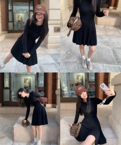French-Style Long Sleeve Knitted Dress for Women, Waist-Cinching A-Line, Slimming Round Neck, Chic Casual Mini Dress