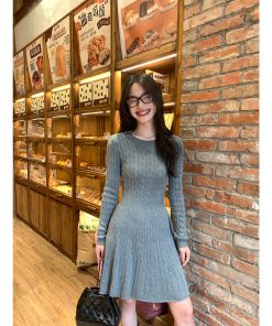 French-Style Long Sleeve Knitted Dress for Women, Waist-Cinching A-Line, Slimming Round Neck, Chic Casual Mini Dress