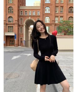 French-Style Long Sleeve Knitted Dress for Women, Waist-Cinching A-Line, Slimming Round Neck, Chic Casual Mini Dress