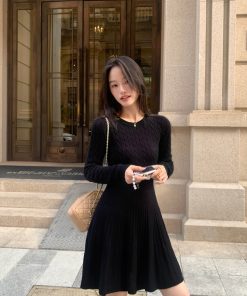 French-Style Long Sleeve Knitted Dress for Women, Waist-Cinching A-Line, Slimming Round Neck, Chic Casual Mini Dress