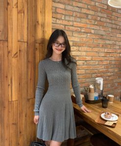 French-Style Long Sleeve Knitted Dress for Women, Waist-Cinching A-Line, Slimming Round Neck, Chic Casual Mini Dress