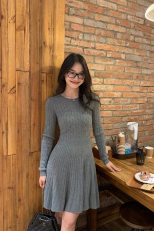 French-Style Long Sleeve Knitted Dress for Women, Waist-Cinching A-Line, Slimming Round Neck, Chic Casual Mini Dress