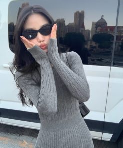 French-Style Long Sleeve Knitted Dress for Women, Waist-Cinching A-Line, Slimming Round Neck, Chic Casual Mini Dress