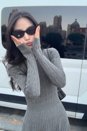 French-Style Long Sleeve Knitted Dress for Women, Waist-Cinching A-Line, Slimming Round Neck, Chic Casual Mini Dress