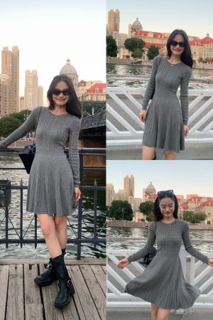 French-Style Long Sleeve Knitted Dress for Women, Waist-Cinching A-Line, Slimming Round Neck, Chic Casual Mini Dress