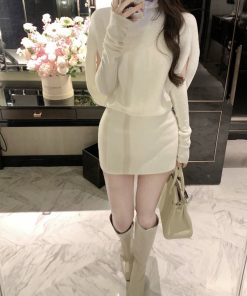French-Style Long Sleeve Knitted Dress for Women, Waist-Cinching Bodycon Sweater Dress, Spring Fashion, Chic and Elegant Design