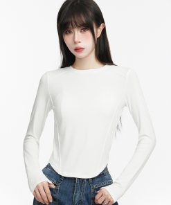 French-Style Long Sleeve T-Shirt for Women, Slim Fit, Round Neck, Fishbone Curved Hem, Trendy Casual Top