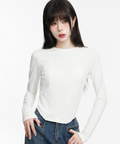 French-Style Long Sleeve T-Shirt for Women, Slim Fit, Round Neck, Fishbone Curved Hem, Trendy Casual Top