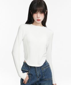 French-Style Long Sleeve T-Shirt for Women, Slim Fit, Round Neck, Fishbone Curved Hem, Trendy Casual Top