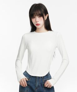 French-Style Long Sleeve T-Shirt for Women, Slim Fit, Round Neck, Fishbone Curved Hem, Trendy Casual Top