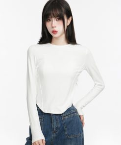 French-Style Long Sleeve T-Shirt for Women, Slim Fit, Round Neck, Fishbone Curved Hem, Trendy Casual Top