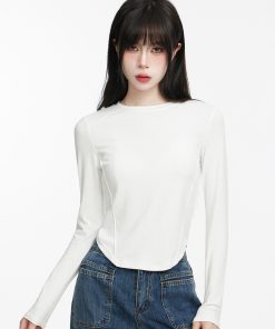 French-Style Long Sleeve T-Shirt for Women, Slim Fit, Round Neck, Fishbone Curved Hem, Trendy Casual Top
