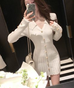 French-Style Long Sleeve V-Neck Knitted Dress for Women, Waist-Cinching Elegant Design, Short Skirt for Autumn and Winter Fashion