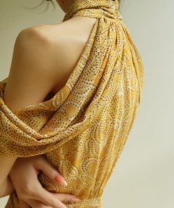 French-Style Off-Shoulder High-Waisted Slim Long Dress with Wheat Ears Design - Elegant Women's Fashion for 90s and Y2K Inspired Looks