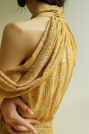 French-Style Off-Shoulder High-Waisted Slim Long Dress with Wheat Ears Design - Elegant Women's Fashion for 90s and Y2K Inspired Looks