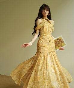 French-Style Off-Shoulder High-Waisted Slim Long Dress with Wheat Ears Design - Elegant Women's Fashion for 90s and Y2K Inspired Looks