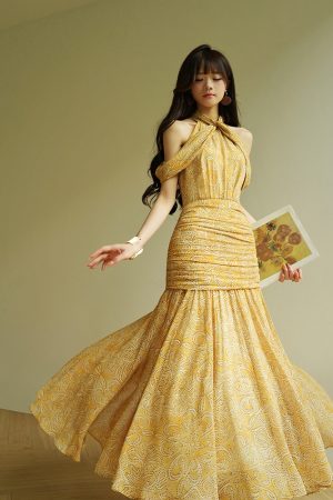 French-Style Off-Shoulder High-Waisted Slim Long Dress with Wheat Ears Design - Elegant Women's Fashion for 90s and Y2K Inspired Looks