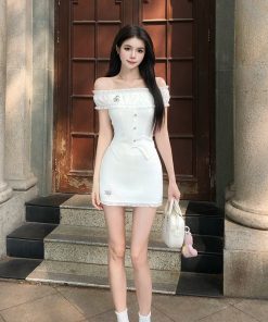 French-Style One-Shoulder Dress Set for Women, Waist-Cinching Elegant Top & Short Skirt for Summer Fashion