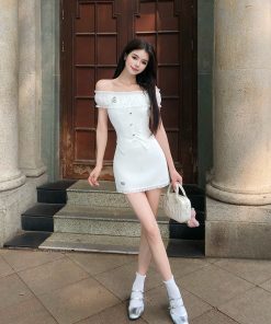 French-Style One-Shoulder Dress Set for Women, Waist-Cinching Elegant Top & Short Skirt for Summer Fashion