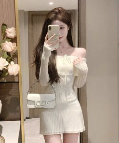 French-Style One-Shoulder Knitted Dress for Women, Slim Fit Off-Shoulder Short Skirt, Spring Autumn Fashion