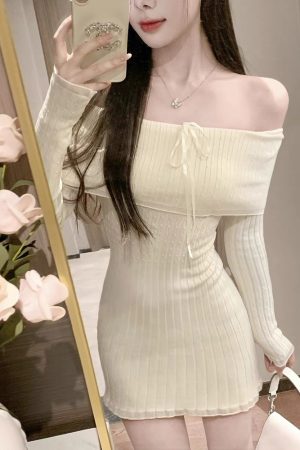 French-Style One-Shoulder Knitted Dress for Women, Slim Fit Off-Shoulder Short Skirt, Spring Autumn Fashion