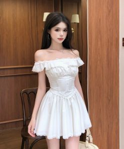 French-Style One-Shoulder White Dress for Women, Lace Splicing, Waist-Cinching Design, Summer Short Skirt, Chic & Trendy