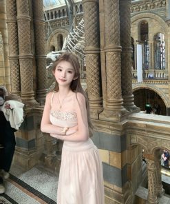 French-Style Pleated Split Dress for Women - Elegant Summer Vacation Long Skirt with High-End Feel, Perfect for 90s and Y2K Fashion.