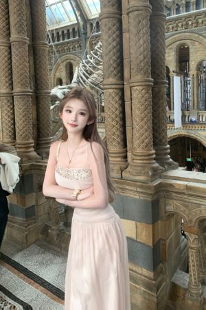 French-Style Pleated Split Dress for Women - Elegant Summer Vacation Long Skirt with High-End Feel, Perfect for 90s and Y2K Fashion.
