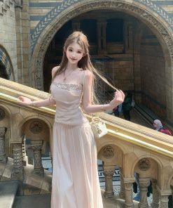 French-Style Pleated Split Dress for Women - Elegant Summer Vacation Long Skirt with High-End Feel, Perfect for 90s and Y2K Fashion.