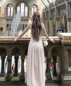 French-Style Pleated Split Dress for Women - Elegant Summer Vacation Long Skirt with High-End Feel, Perfect for 90s and Y2K Fashion.