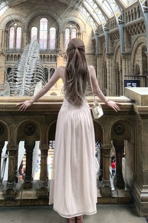 French-Style Pleated Split Dress for Women - Elegant Summer Vacation Long Skirt with High-End Feel, Perfect for 90s and Y2K Fashion.
