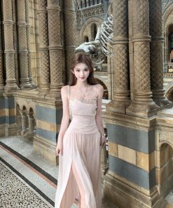 French-Style Pleated Split Dress for Women - Elegant Summer Vacation Long Skirt with High-End Feel, Perfect for 90s and Y2K Fashion.