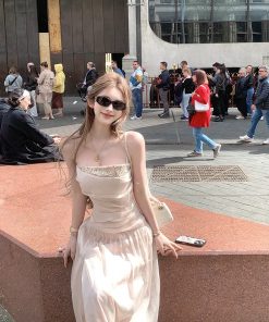 French-Style Pleated Split Dress for Women - Elegant Summer Vacation Long Skirt with High-End Feel, Perfect for 90s and Y2K Fashion.