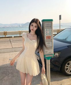 French-Style Polka Dot Dress for Women â€“ Waist-Cinching Bow Tie Design, Short Skirt, Summer Vacation Fashion