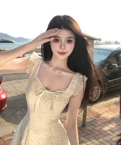 French-Style Polka Dot Dress for Women â€“ Waist-Cinching Bow Tie Design, Short Skirt, Summer Vacation Fashion