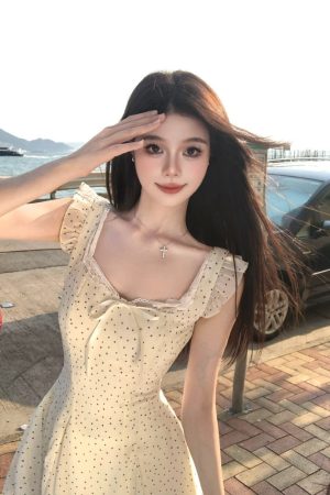 French-Style Polka Dot Dress for Women â€“ Waist-Cinching Bow Tie Design, Short Skirt, Summer Vacation Fashion