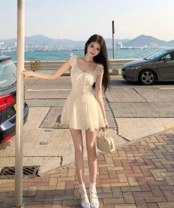 French-Style Polka Dot Dress for Women â€“ Waist-Cinching Bow Tie Design, Short Skirt, Summer Vacation Fashion