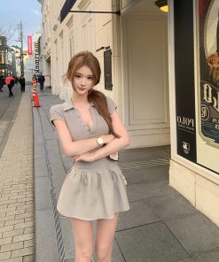 French-Style Polo Collar Spliced Dress for Women â€“ Elegant Puff Skirt, Waist-Cinching Design, Perfect for Summer Fashion