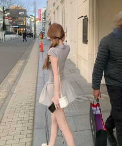 French-Style Polo Collar Spliced Dress for Women â€“ Elegant Puff Skirt, Waist-Cinching Design, Perfect for Summer Fashion