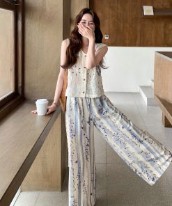 French-Style Printed High-Waisted Wide-Leg Pants Set with Hollowed-Out Top - Vintage Summer 2025 Two-Piece Outfit for Women