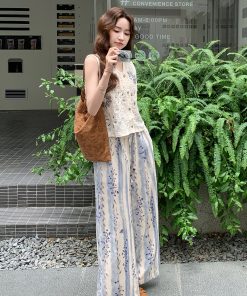 French-Style Printed High-Waisted Wide-Leg Pants Set with Hollowed-Out Top - Vintage Summer 2025 Two-Piece Outfit for Women