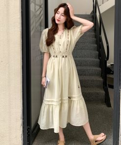 French-Style Puff Sleeve Dress for Women - 2025 Summer New Arrival, Waist-Cinching Slimming Long Dress for Petite Sizes